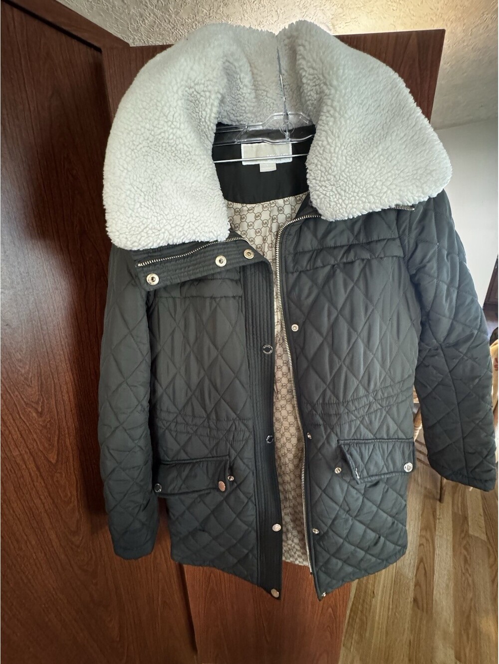 Michael Kors Womens S Black Quilted Coat Faux Fur Collar Hooded Jacket